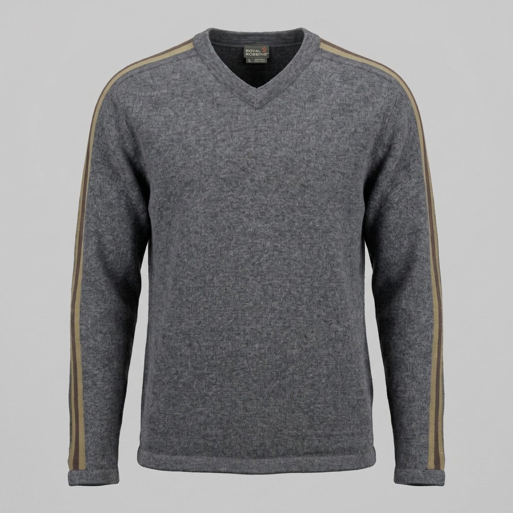 Royal Robbins Mens XL Gray Sweater V-Neck Wool Blend Striped Sleeve ROY-S26